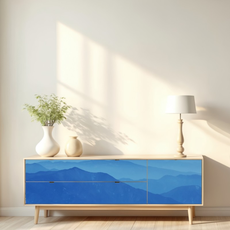 Naklejka repozycjonowalna mglista niebieska panorama gór – Wallissimo® Naklejka repozycjonowalna mglista niebieska panorama gór – Wallissimo®