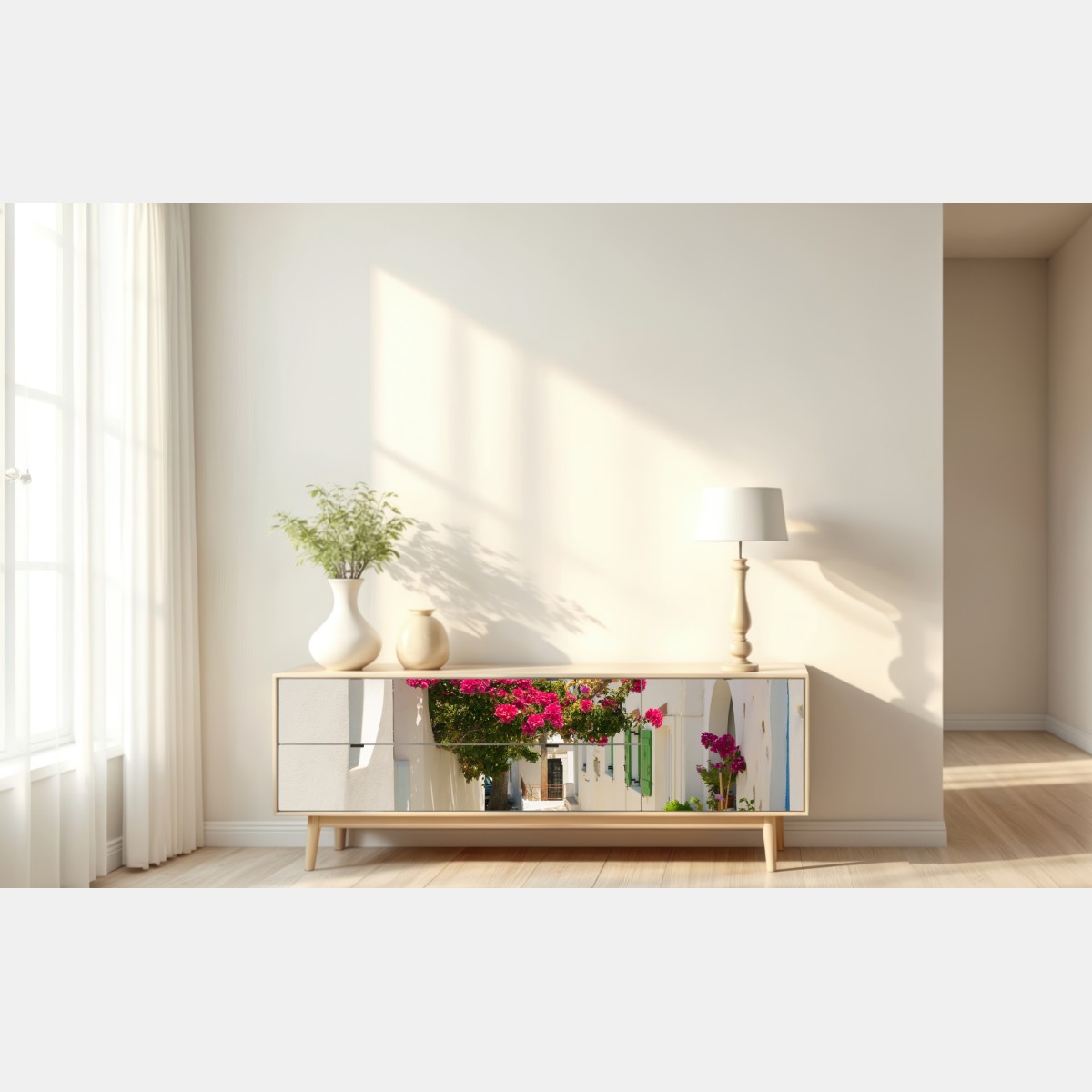 Naklejka repozycjonowalna słoneczna śródziemnomorska uliczka z bugenwillą – Wallissimo® Naklejka repozycjonowalna słoneczna śródziemnomorska uliczka z bugenwillą – Wallissimo®