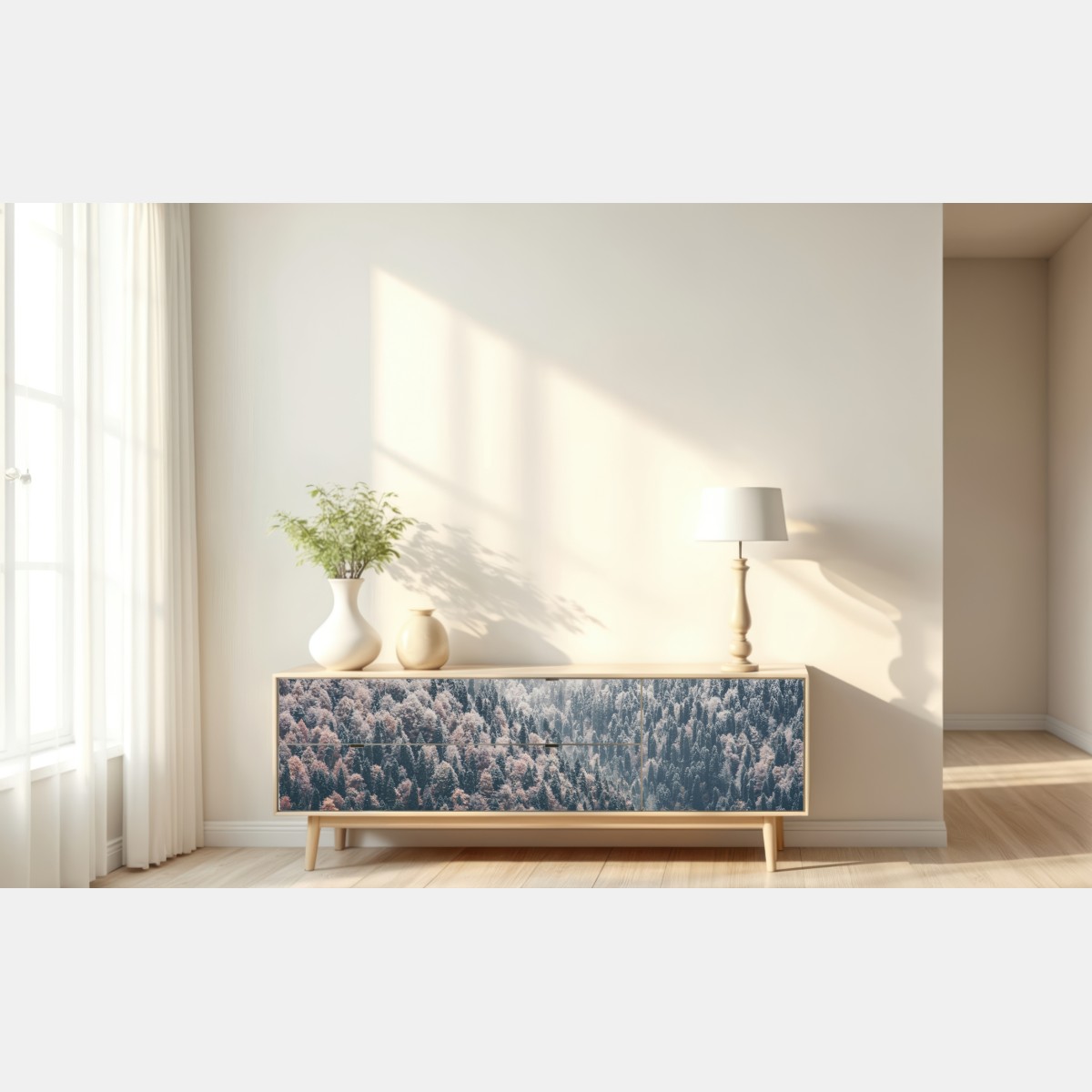 Naklejka repozycjonowalna jesienna mgła nad górskim lasem – Wallissimo® Naklejka repozycjonowalna jesienna mgła nad górskim lasem – Wallissimo®