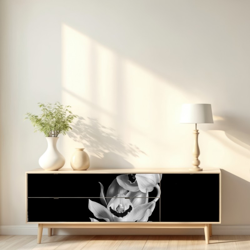 Naklejka repozycjonowalna elegancka monochromatyczna gałąź orchidei – Wallissimo® Naklejka repozycjonowalna elegancka monochromatyczna gałąź orchidei – Wallissimo®
