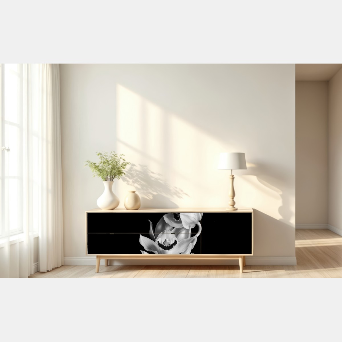 Naklejka repozycjonowalna elegancka monochromatyczna gałąź orchidei – Wallissimo® Naklejka repozycjonowalna elegancka monochromatyczna gałąź orchidei – Wallissimo®