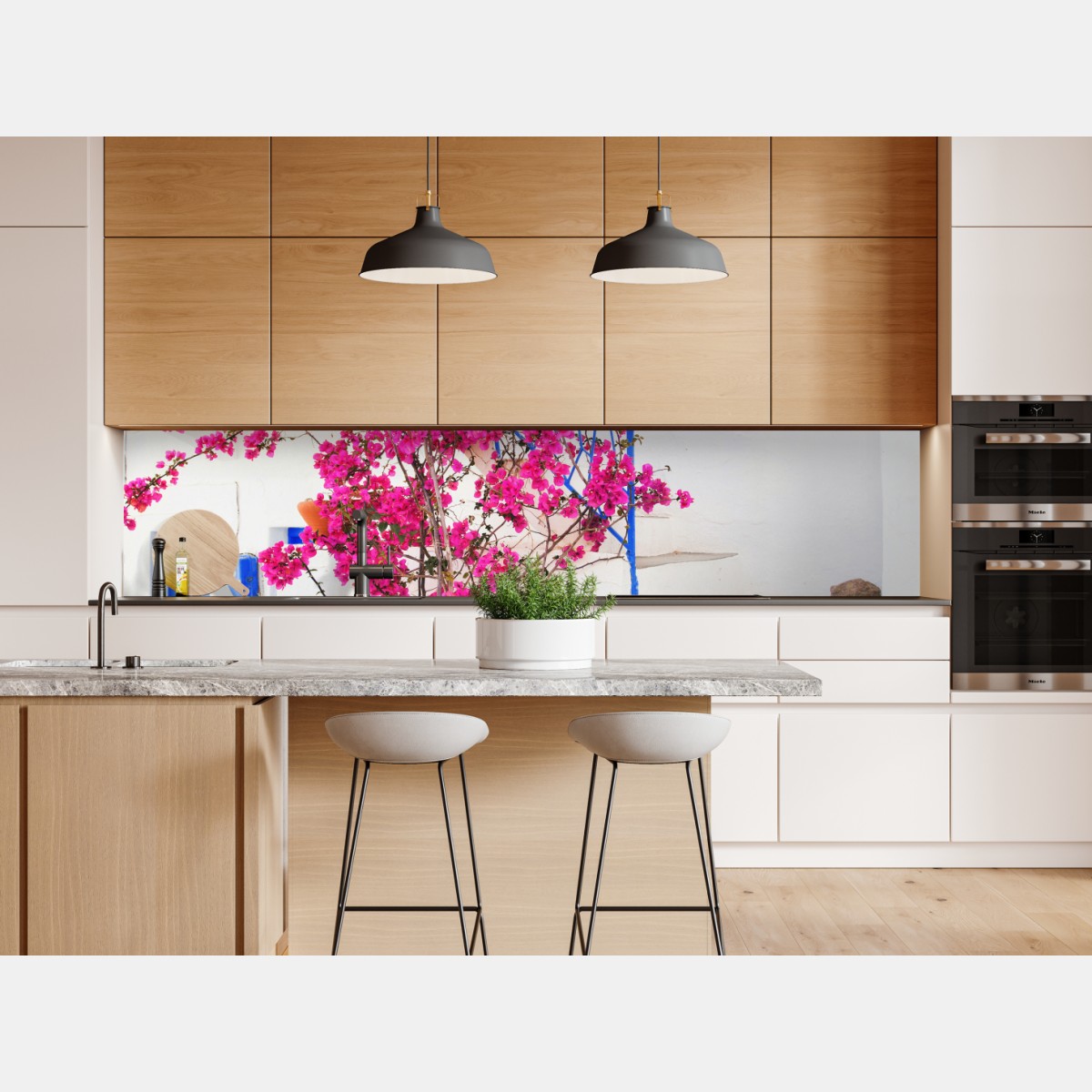 Naklejka repozycjonowalna różowa bugenwilla na białym domu na greckiej wyspie – Wallissimo® Naklejka repozycjonowalna różowa bugenwilla na białym domu na greckiej wyspie – Wallissimo®