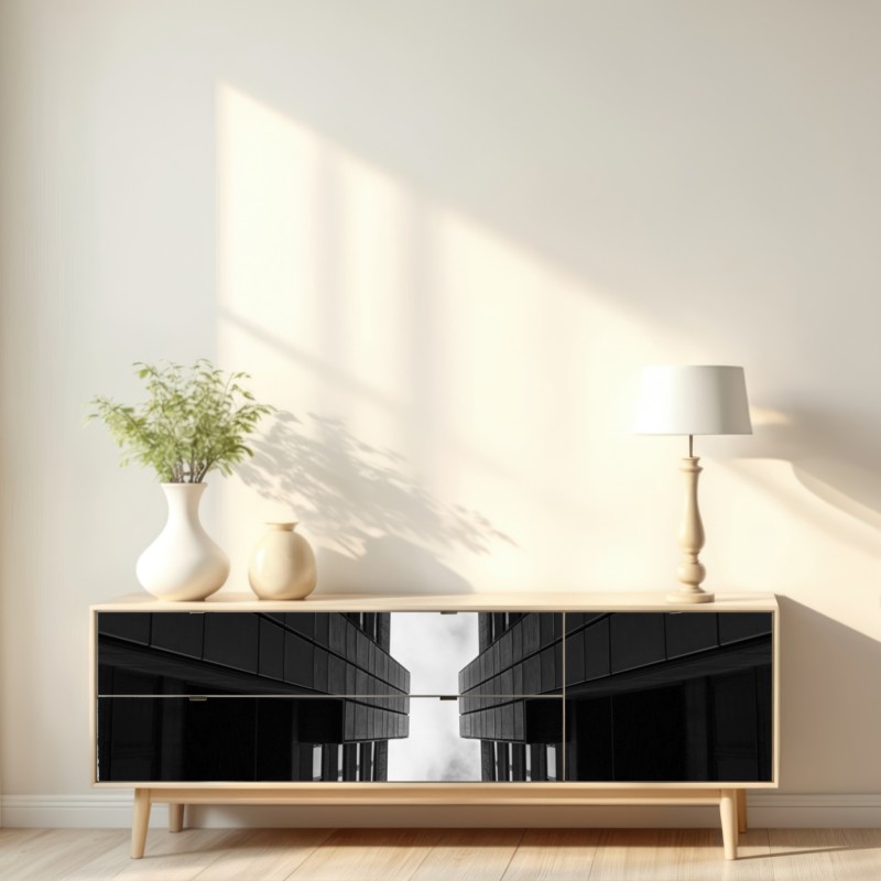 Naklejka repozycjonowalna pionowa miejska symetria w monochromie – Wallissimo® Naklejka repozycjonowalna pionowa miejska symetria w monochromie – Wallissimo®