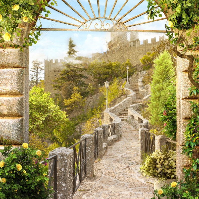 Naklejka repozycjonowalna słoneczna ścieżka ogrodowa prowadząca do zamku – Wallissimo® Naklejka repozycjonowalna słoneczna ścieżka ogrodowa prowadząca do zamku – Wallissimo®