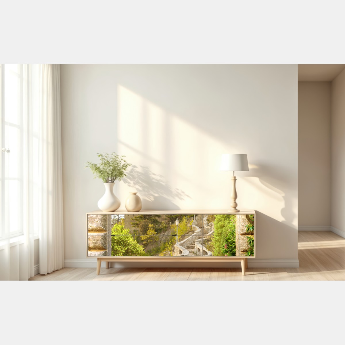 Naklejka repozycjonowalna słoneczna ścieżka ogrodowa prowadząca do zamku – Wallissimo® Naklejka repozycjonowalna słoneczna ścieżka ogrodowa prowadząca do zamku – Wallissimo®