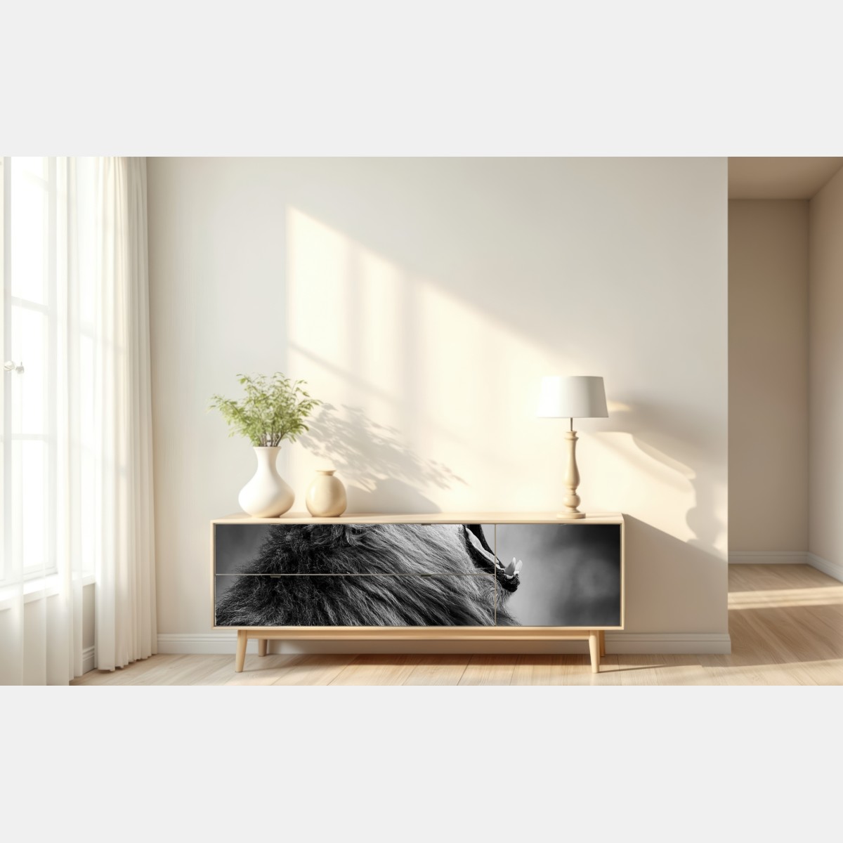 Naklejka repozycjonowalna majestatyczny ryczący lew w monochromie – Wallissimo® Naklejka repozycjonowalna majestatyczny ryczący lew w monochromie – Wallissimo®