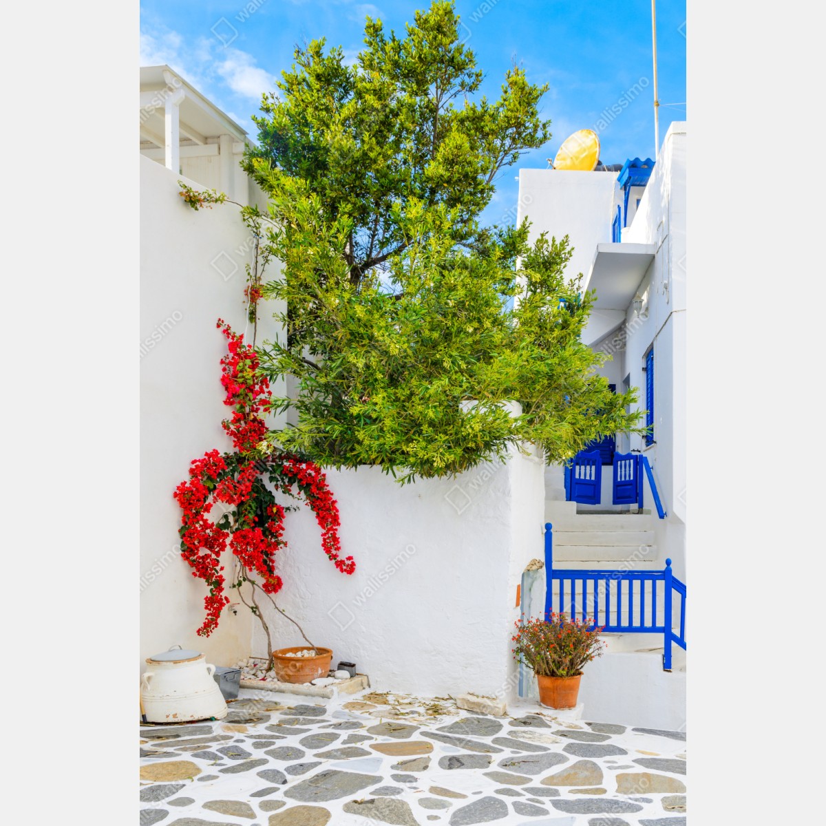 Naklejka repozycjonowalna słoneczny dziedziniec śródziemnomorski z bugenwillą – Wallissimo® Naklejka repozycjonowalna słoneczny dziedziniec śródziemnomorski z bugenwillą – Wallissimo®