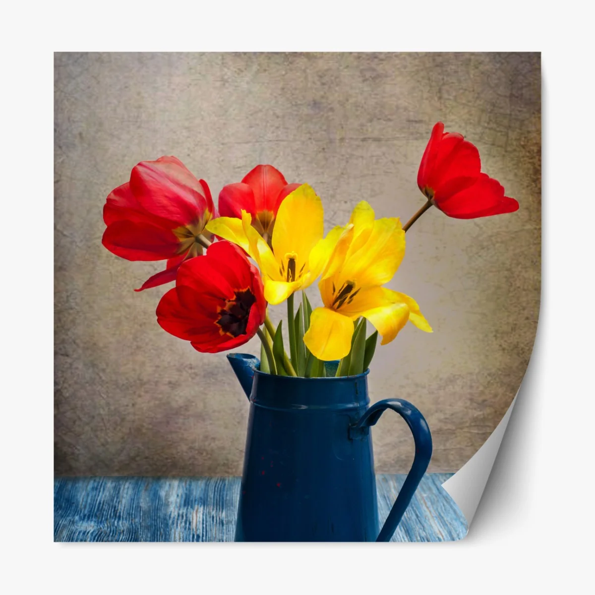 Naklejka repozycjonowalna kolorowy bukiet tulipanów w niebieskim dzbanku – Wallissimo® Naklejka repozycjonowalna kolorowy bukiet tulipanów w niebieskim dzbanku – Wallissimo®
