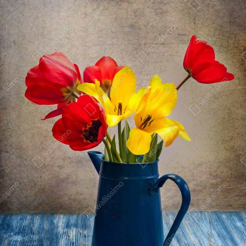 Naklejka repozycjonowalna kolorowy bukiet tulipanów w niebieskim dzbanku – Wallissimo® Naklejka repozycjonowalna kolorowy bukiet tulipanów w niebieskim dzbanku – Wallissimo®