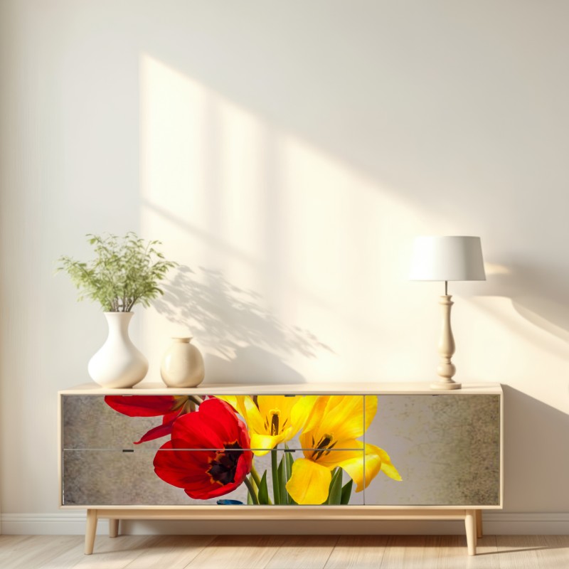 Naklejka repozycjonowalna kolorowy bukiet tulipanów w niebieskim dzbanku – Wallissimo® Naklejka repozycjonowalna kolorowy bukiet tulipanów w niebieskim dzbanku – Wallissimo®