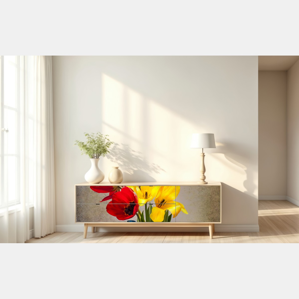 Naklejka repozycjonowalna kolorowy bukiet tulipanów w niebieskim dzbanku – Wallissimo® Naklejka repozycjonowalna kolorowy bukiet tulipanów w niebieskim dzbanku – Wallissimo®