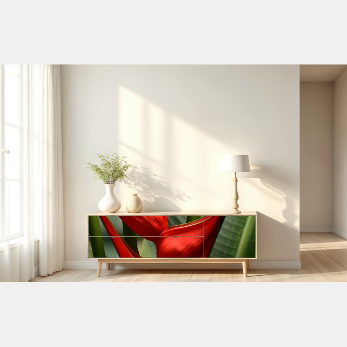 Naklejka repozycjonowalna intensywny czerwony kwiat heliconia – Wallissimo® Naklejka repozycjonowalna intensywny czerwony kwiat heliconia – Wallissimo®