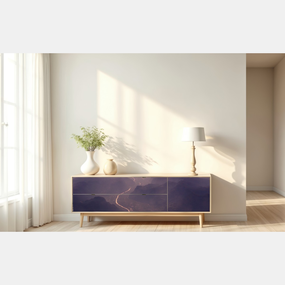 Naklejka repozycjonowalna mglista pastelowa dolina górska – Wallissimo® Naklejka repozycjonowalna mglista pastelowa dolina górska – Wallissimo®