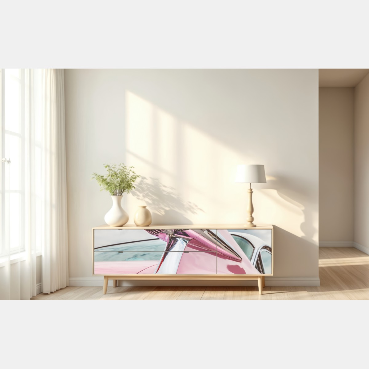 Naklejka repozycjonowalna różowy retro klasyczny samochód płetwa – Wallissimo® Naklejka repozycjonowalna różowy retro klasyczny samochód płetwa – Wallissimo®