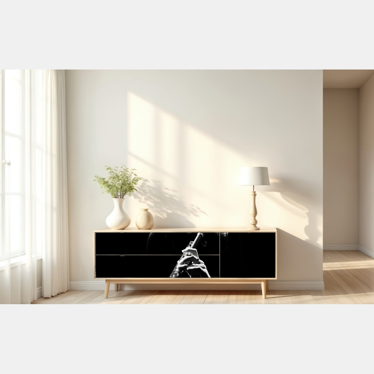 Naklejka repozycjonowalna elegancka sylwetka flecistki – Wallissimo® Naklejka repozycjonowalna elegancka sylwetka flecistki – Wallissimo®