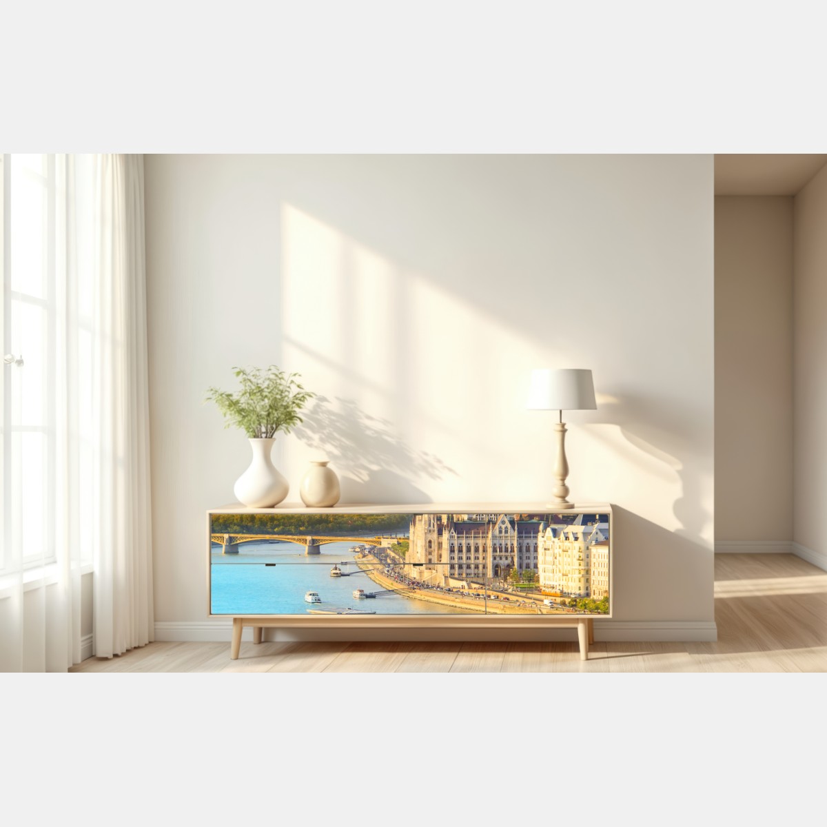 Naklejka repozycjonowalna zachód słońca nad Budapesztem i mostem łańcuchowym – Wallissimo® Naklejka repozycjonowalna zachód słońca nad Budapesztem i mostem łańcuchowym – Wallissimo®