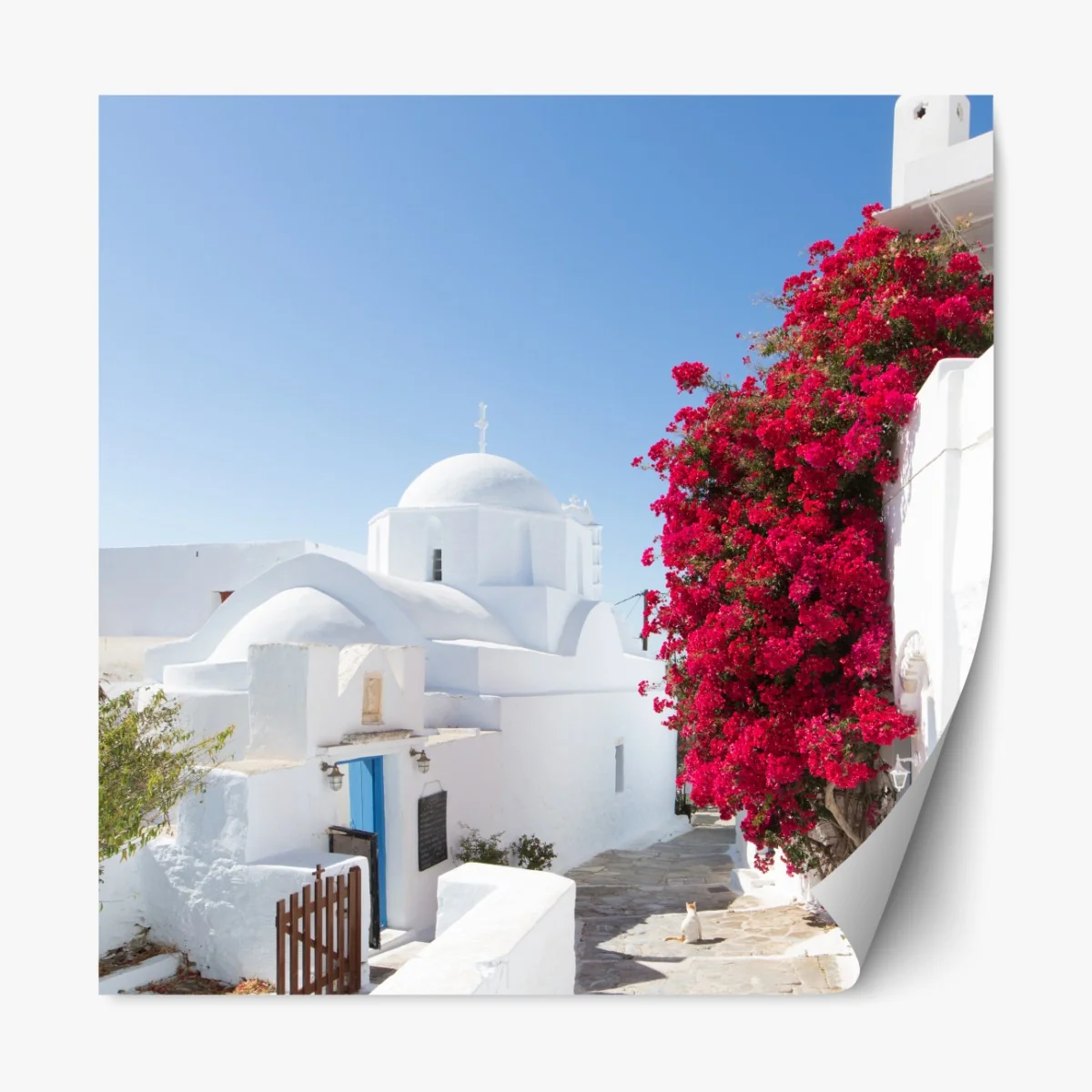 Naklejka repozycjonowalna słoneczna ulica wyspy z bujną bugenwillą – Wallissimo® Naklejka repozycjonowalna słoneczna ulica wyspy z bujną bugenwillą – Wallissimo®