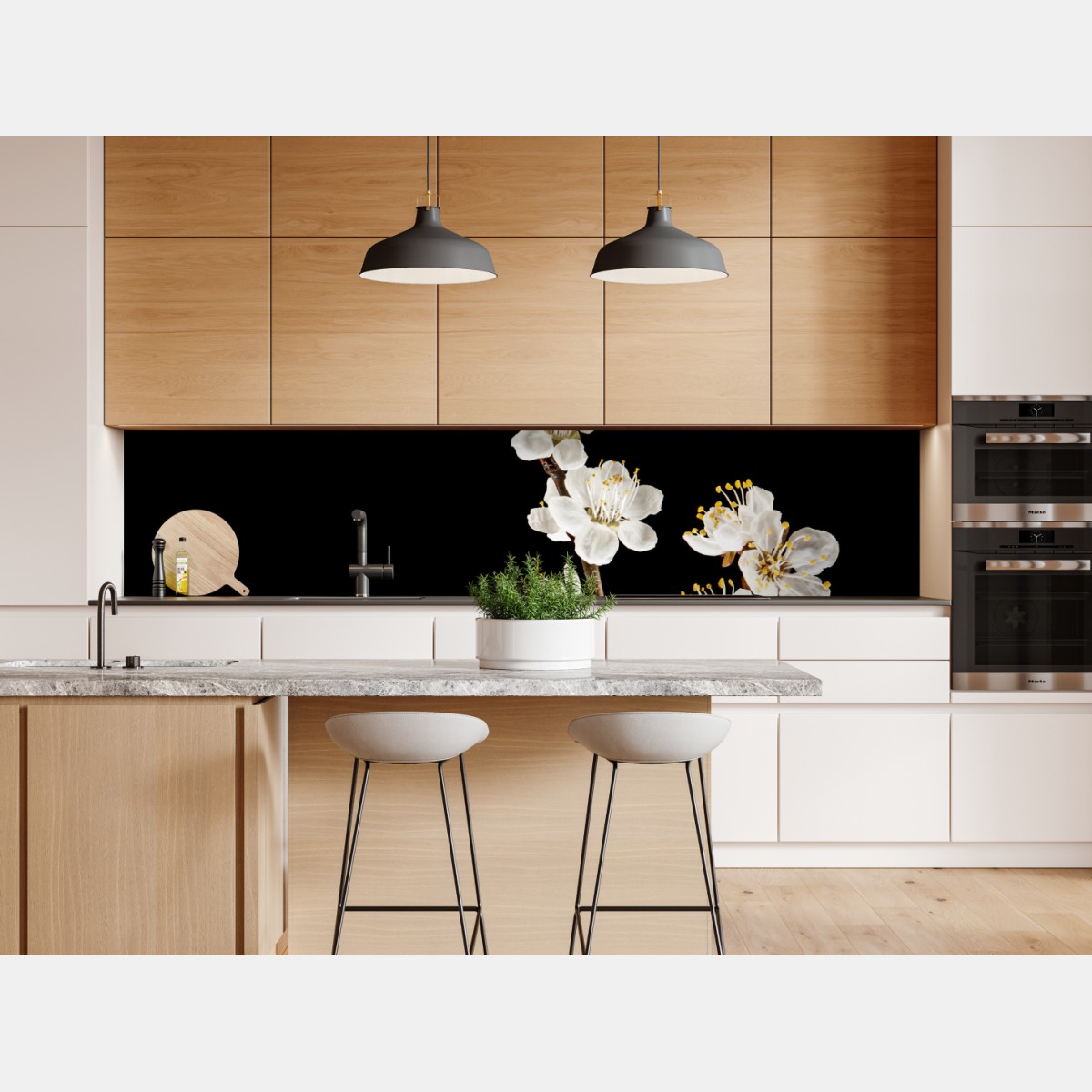 Naklejka repozycjonowalna delikatna gałązka kwitnącej moreli na czarnym tle – Wallissimo® Naklejka repozycjonowalna delikatna gałązka kwitnącej moreli na czarnym tle – Wallissimo®