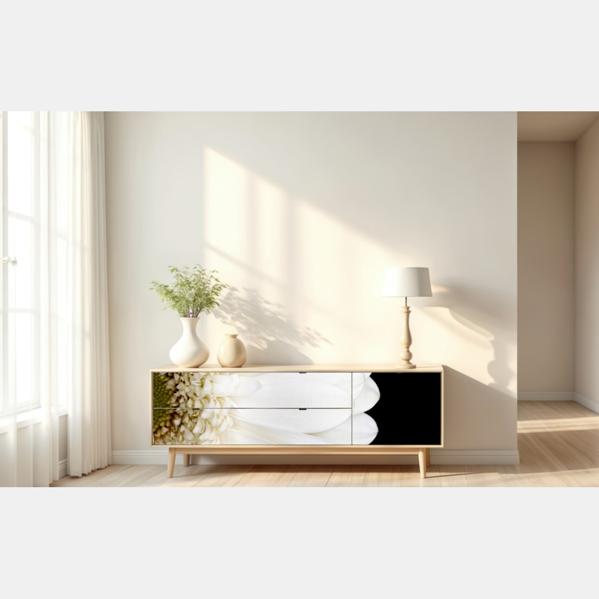 Naklejka repozycjonowalna biała gerbera na czarnym tle minimalistyczne zbliżenie – Wallissimo® Naklejka repozycjonowalna biała gerbera na czarnym tle minimalistyczne zbliżenie – Wallissimo®