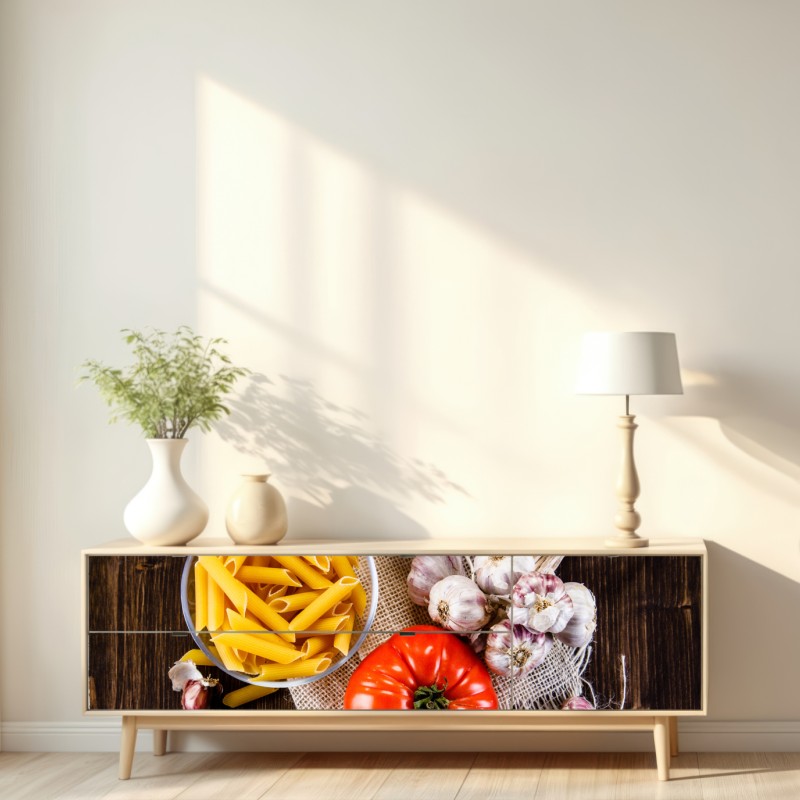 Naklejka repozycjonowalna rustykalne włoskie składniki do makaronu – Wallissimo® Naklejka repozycjonowalna rustykalne włoskie składniki do makaronu – Wallissimo®