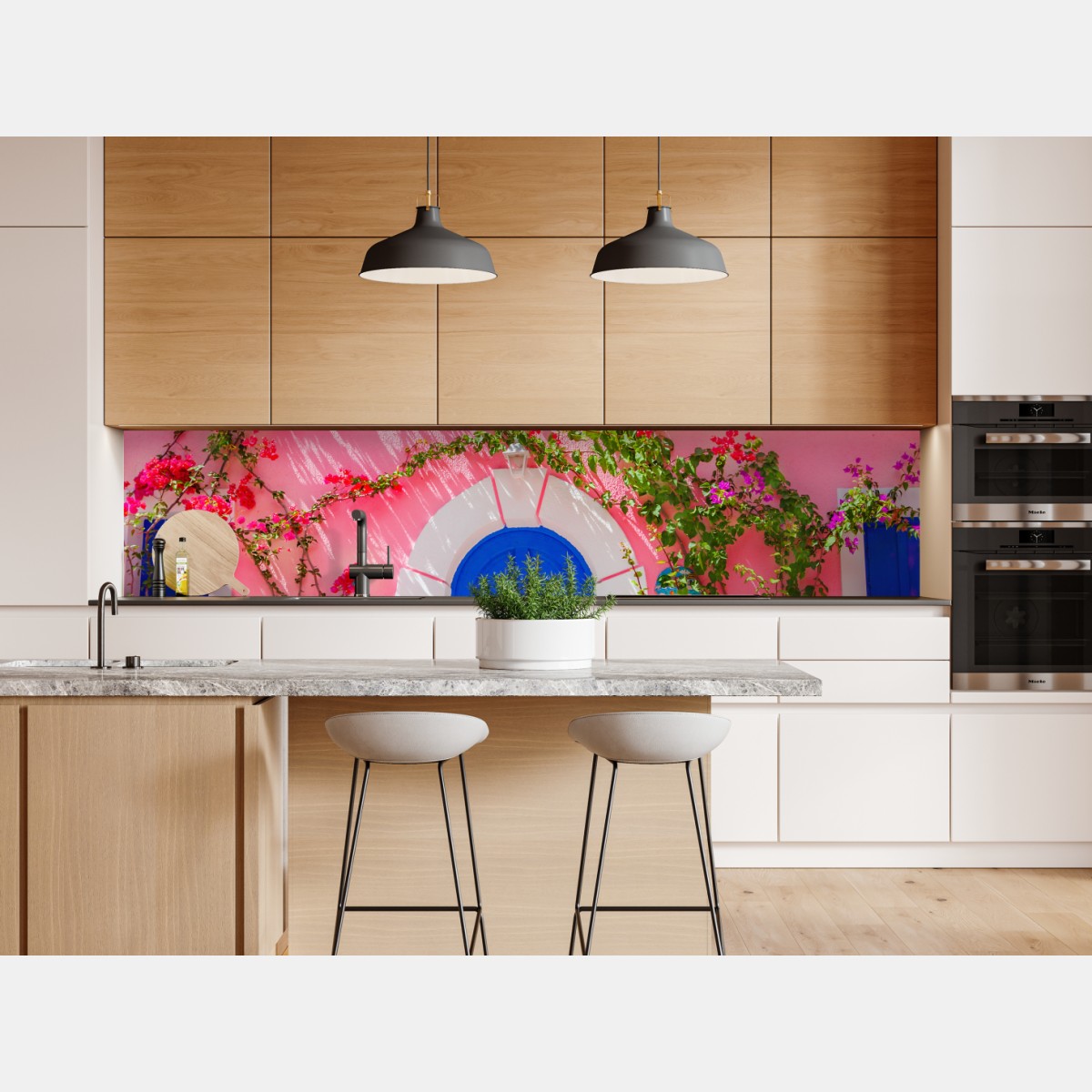 Naklejka repozycjonowalna intensywna różowa fasada z niebieskimi drzwiami – Wallissimo® Naklejka repozycjonowalna intensywna różowa fasada z niebieskimi drzwiami – Wallissimo®