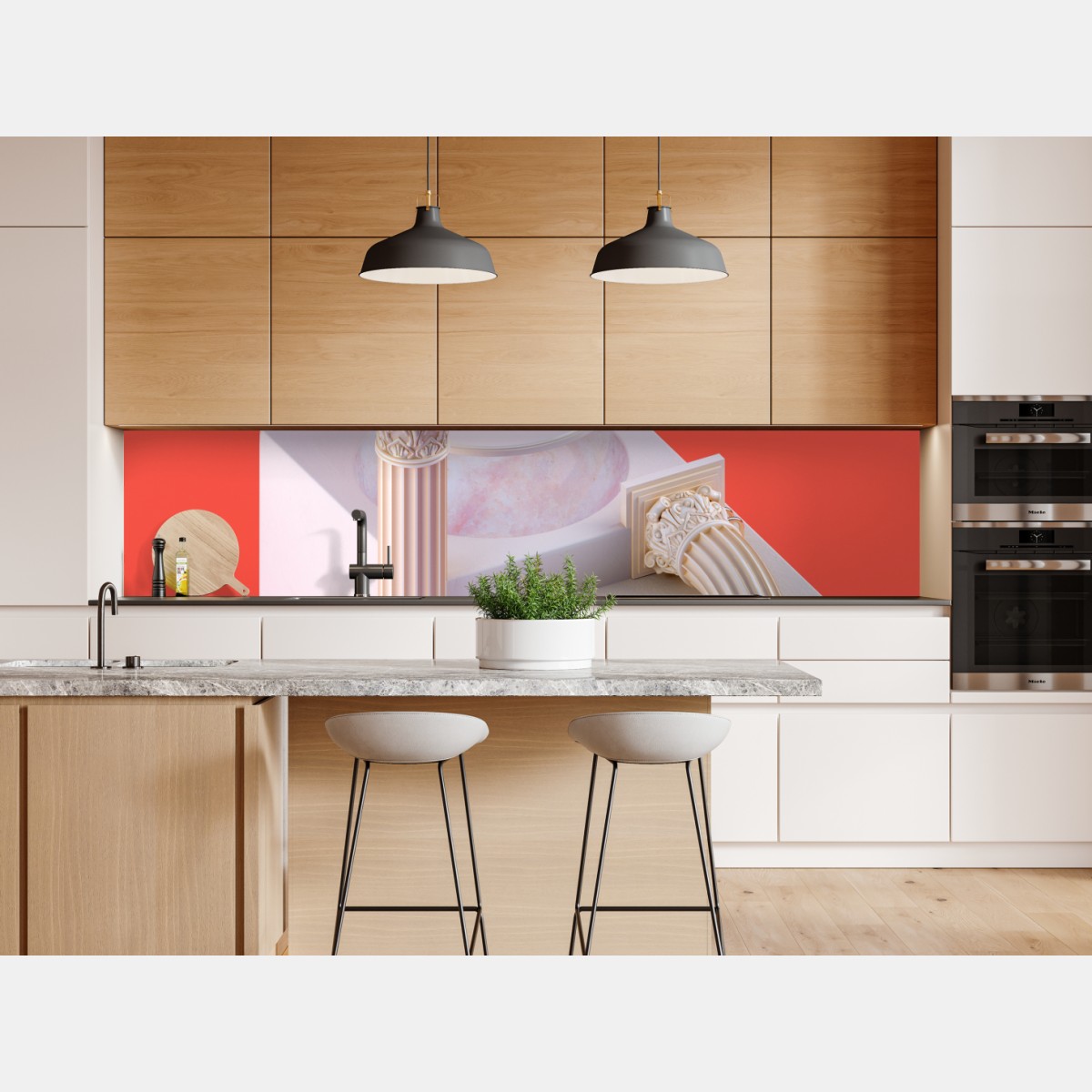 Naklejka repozycjonowalna marmurowa kula i klasyczne kolumny na pomarańczowym tle – Wallissimo® Naklejka repozycjonowalna marmurowa kula i klasyczne kolumny na pomarańczowym tle – Wallissimo®