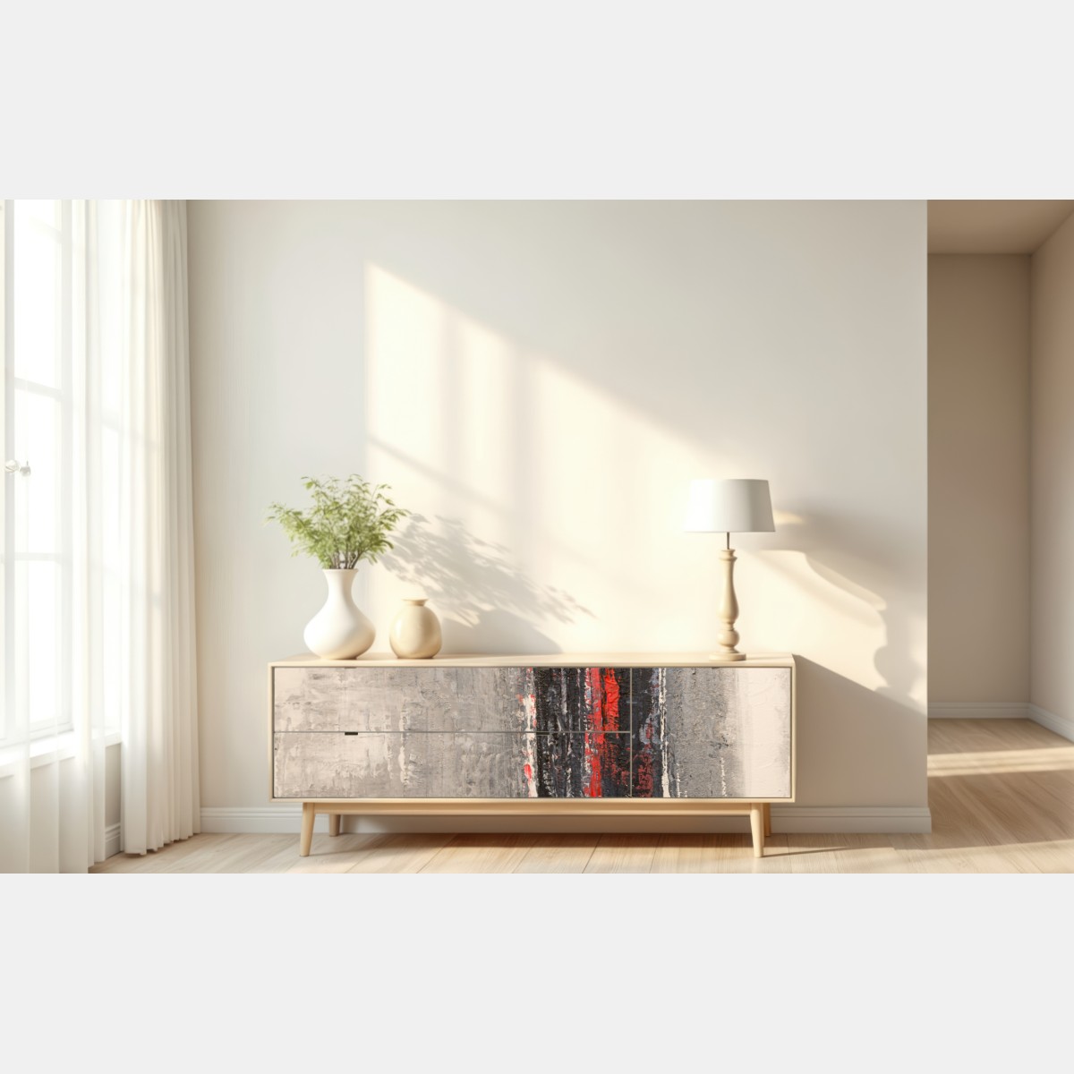 Naklejka repozycjonowalna teksturalna abstrakcja z czerwonym akcentem – Wallissimo® Naklejka repozycjonowalna teksturalna abstrakcja z czerwonym akcentem – Wallissimo®