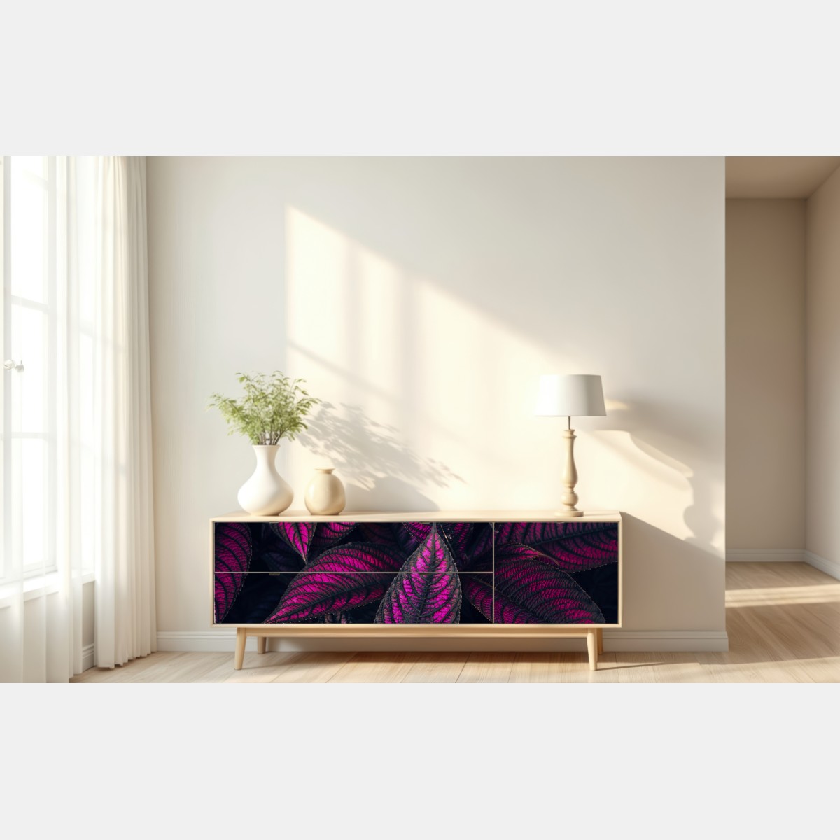 Naklejka repozycjonowalna intensywny fioletowy wzór liści – Wallissimo® Naklejka repozycjonowalna intensywny fioletowy wzór liści – Wallissimo®