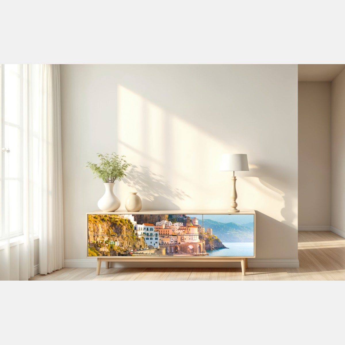 Naklejka repozycjonowalna słoneczna wioska nadbrzeżna na klifie – Wallissimo® Naklejka repozycjonowalna słoneczna wioska nadbrzeżna na klifie – Wallissimo®