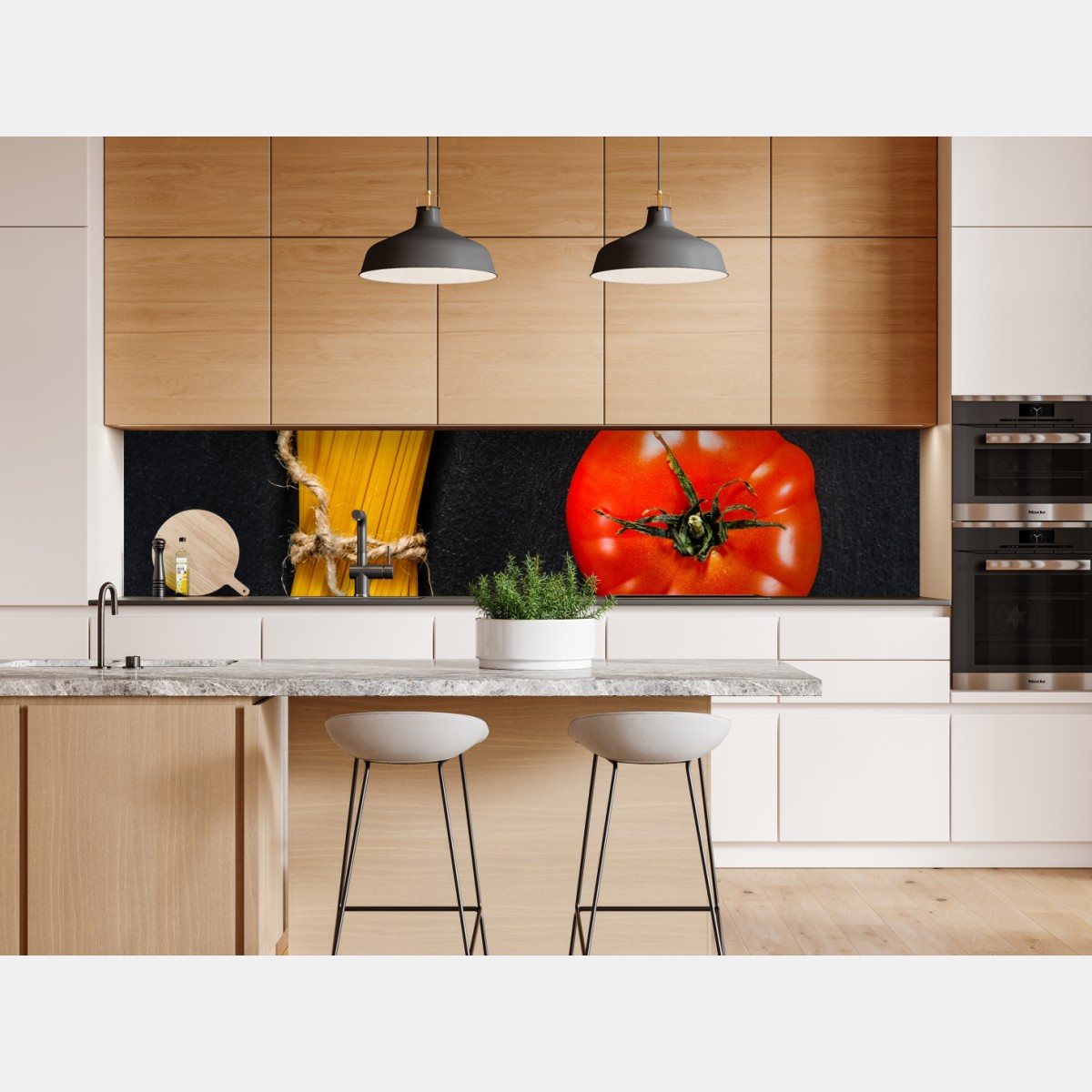 Naklejka repozycjonowalna minimalistyczna kompozycja makaronu i pomidora – Wallissimo® Naklejka repozycjonowalna minimalistyczna kompozycja makaronu i pomidora – Wallissimo®