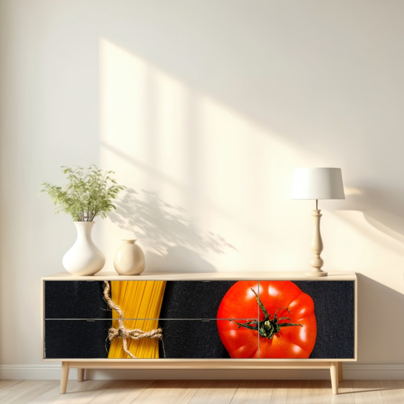 Naklejka repozycjonowalna minimalistyczna kompozycja makaronu i pomidora – Wallissimo® Naklejka repozycjonowalna minimalistyczna kompozycja makaronu i pomidora – Wallissimo®