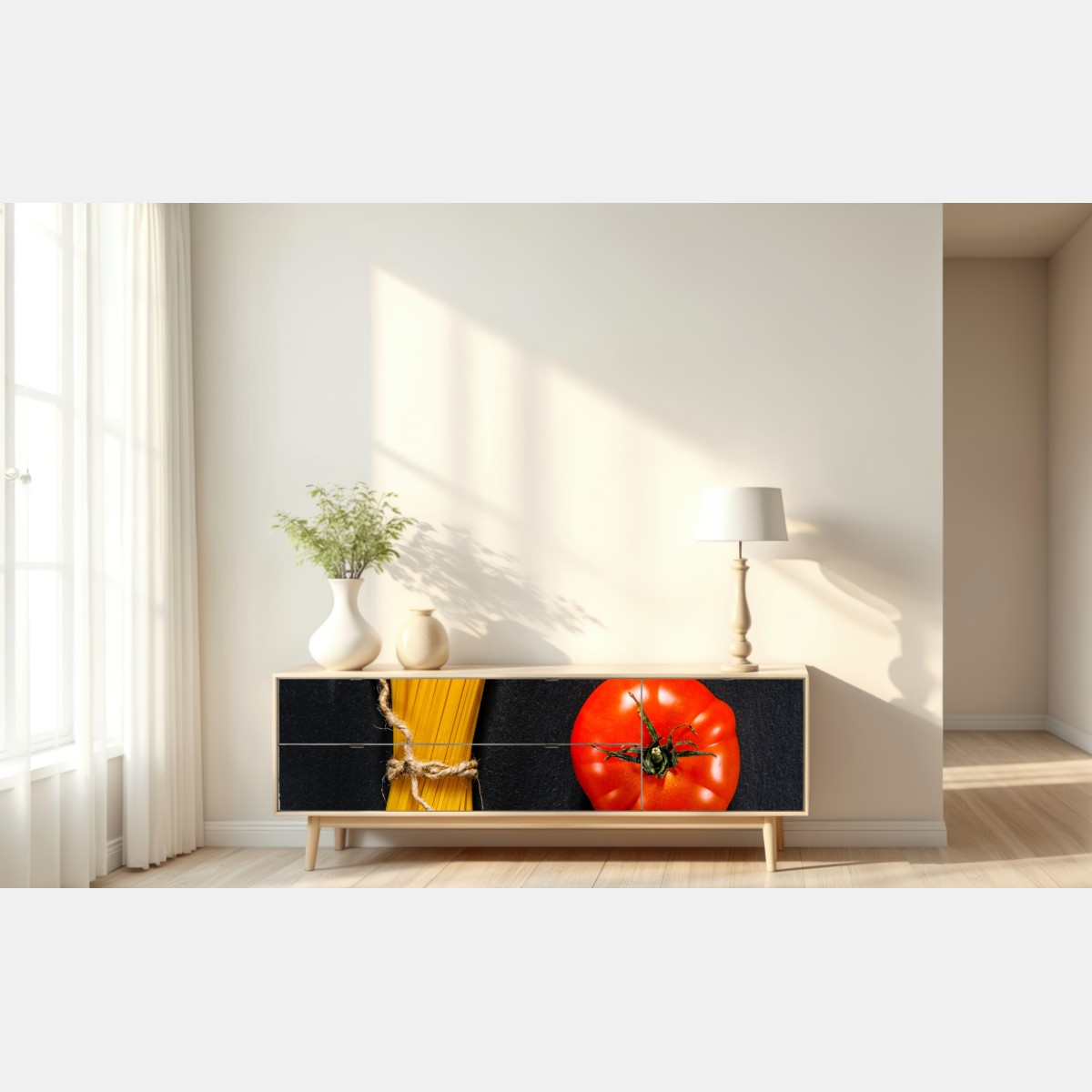 Naklejka repozycjonowalna minimalistyczna kompozycja makaronu i pomidora – Wallissimo® Naklejka repozycjonowalna minimalistyczna kompozycja makaronu i pomidora – Wallissimo®