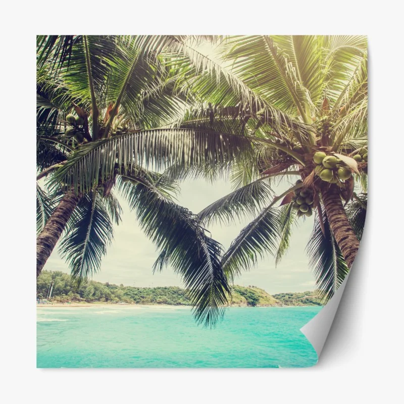 Naklejka repozycjonowalna tropikalny zachód słońca na plaży z koktajlem – Wallissimo®