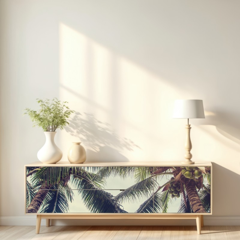 Naklejka repozycjonowalna tropikalne palmy kokosowe nad turkusowym morzem – Wallissimo® Naklejka repozycjonowalna tropikalne palmy kokosowe nad turkusowym morzem – Wallissimo®