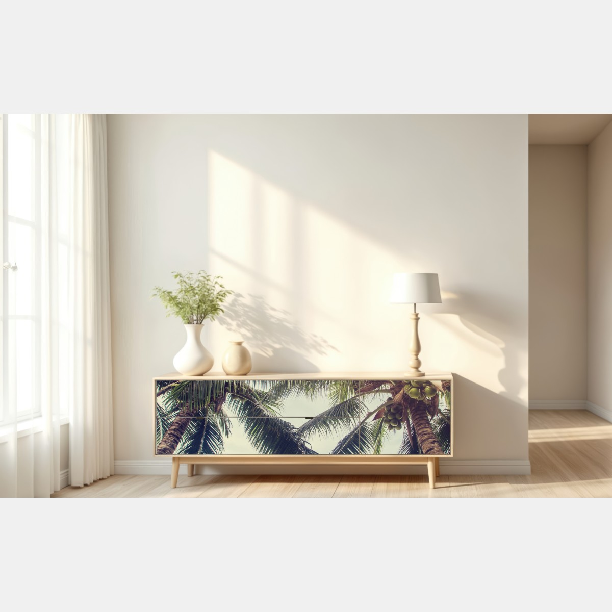 Naklejka repozycjonowalna tropikalne palmy kokosowe nad turkusowym morzem – Wallissimo® Naklejka repozycjonowalna tropikalne palmy kokosowe nad turkusowym morzem – Wallissimo®