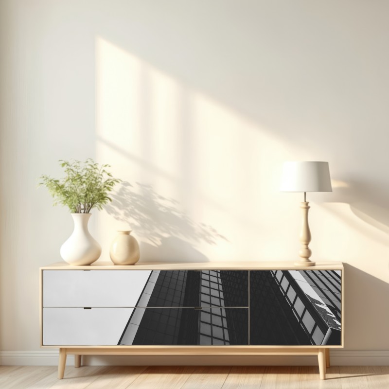 Naklejka repozycjonowalna monochromatyczny wieżowiec w perspektywie – Wallissimo® Naklejka repozycjonowalna monochromatyczny wieżowiec w perspektywie – Wallissimo®