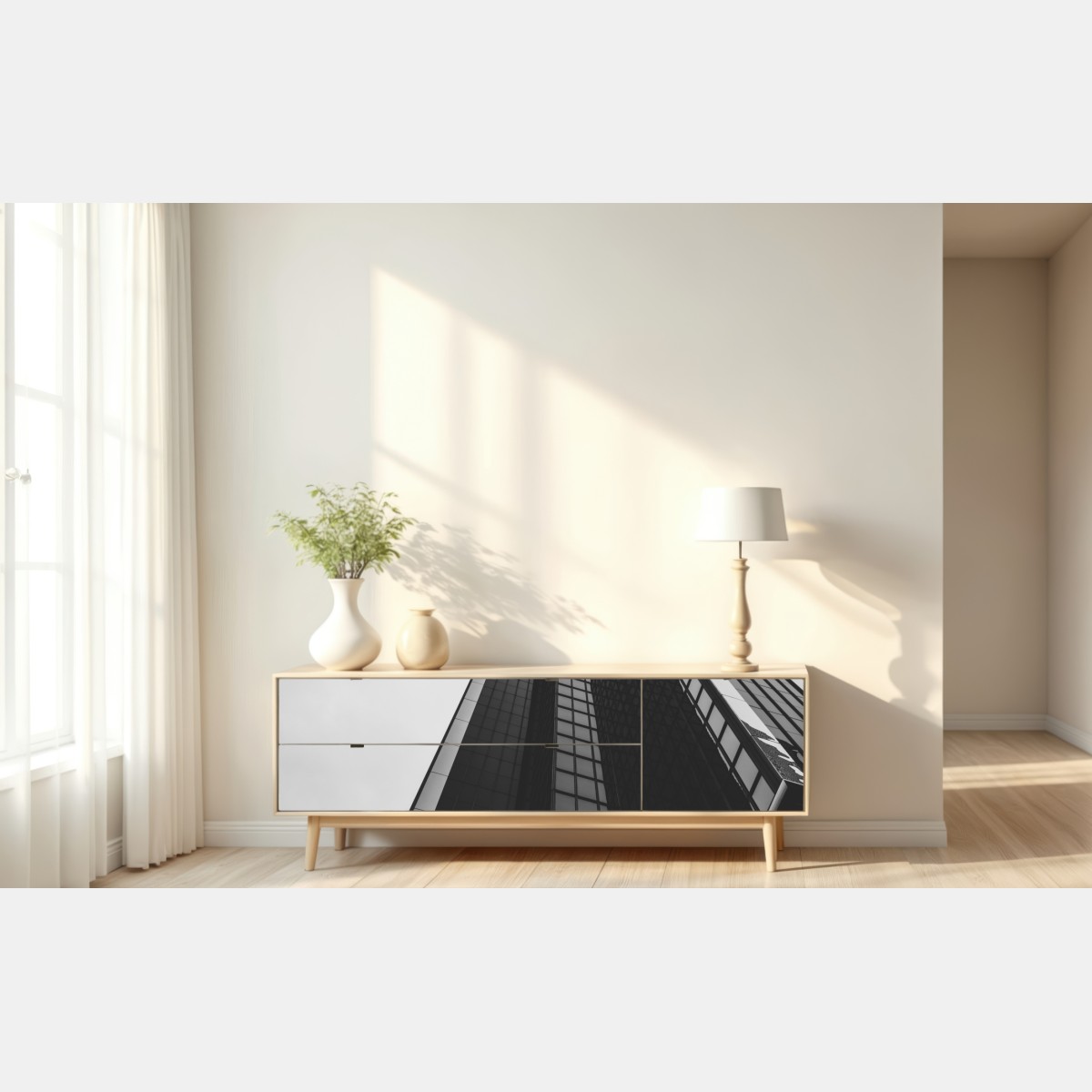 Naklejka repozycjonowalna monochromatyczny wieżowiec w perspektywie – Wallissimo® Naklejka repozycjonowalna monochromatyczny wieżowiec w perspektywie – Wallissimo®