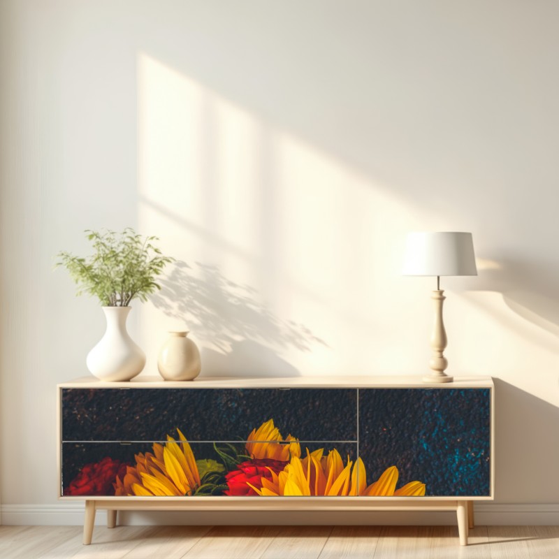 Naklejka repozycjonowalna żywy bukiet słoneczników na ciemnym tle – Wallissimo® Naklejka repozycjonowalna żywy bukiet słoneczników na ciemnym tle – Wallissimo®