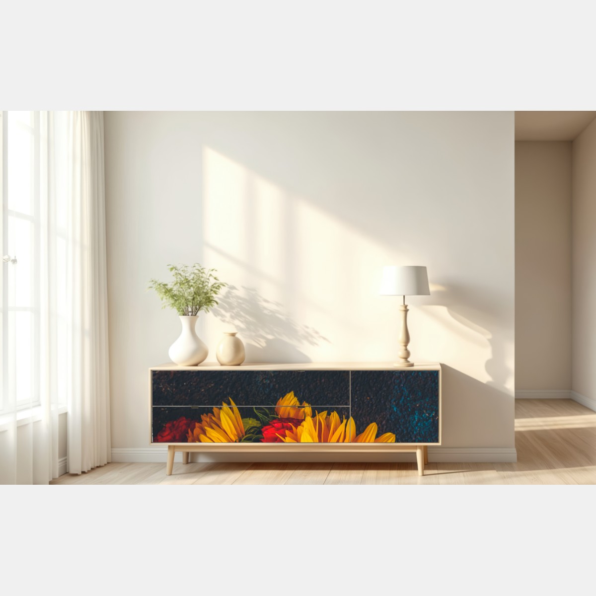 Naklejka repozycjonowalna żywy bukiet słoneczników na ciemnym tle – Wallissimo® Naklejka repozycjonowalna żywy bukiet słoneczników na ciemnym tle – Wallissimo®