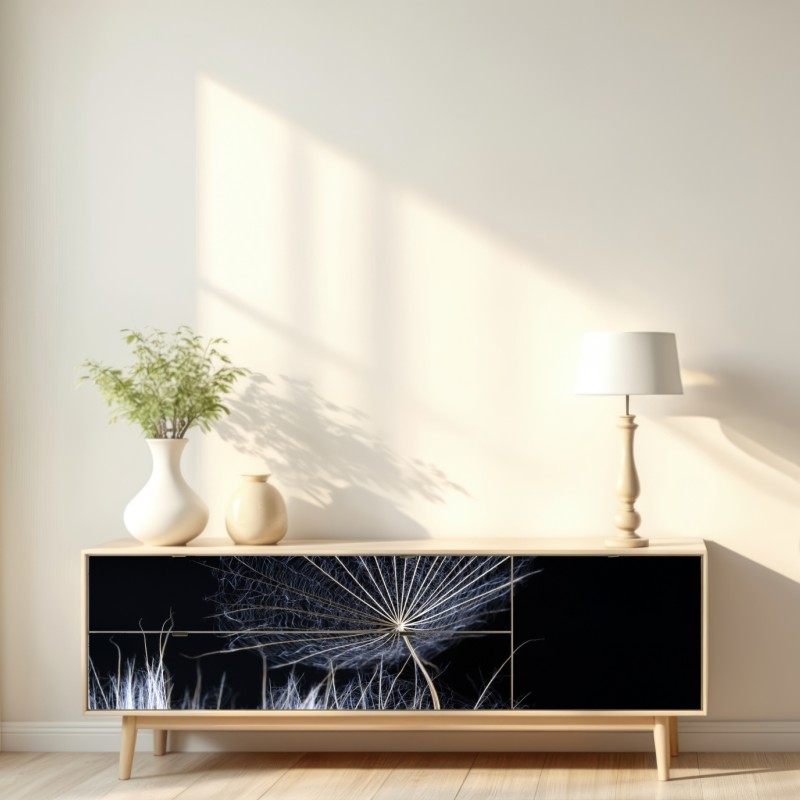 Naklejka repozycjonowalna delikatne ziarno mniszka na czarnym tle – Wallissimo® Naklejka repozycjonowalna delikatne ziarno mniszka na czarnym tle – Wallissimo®