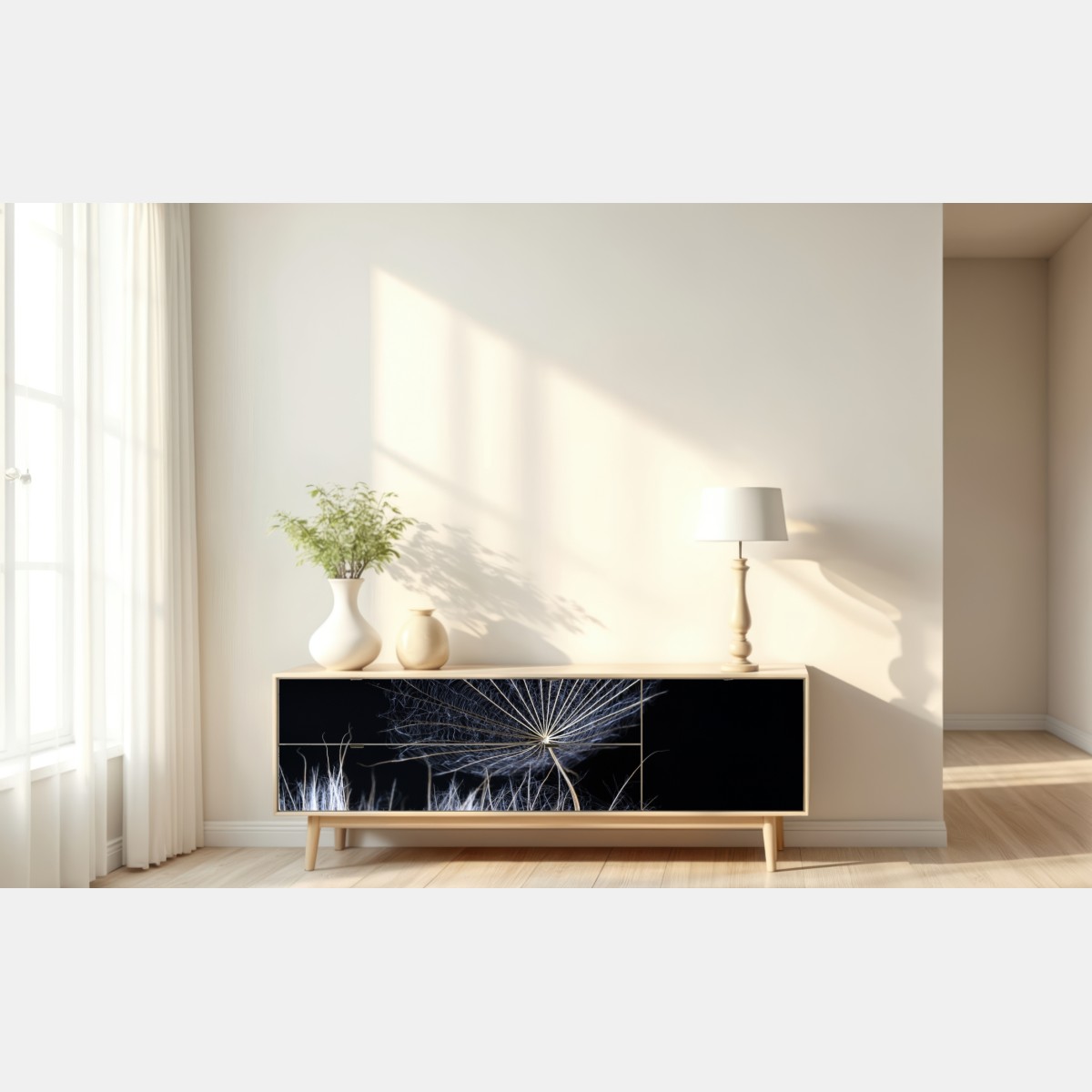 Naklejka repozycjonowalna delikatne ziarno mniszka na czarnym tle – Wallissimo® Naklejka repozycjonowalna delikatne ziarno mniszka na czarnym tle – Wallissimo®