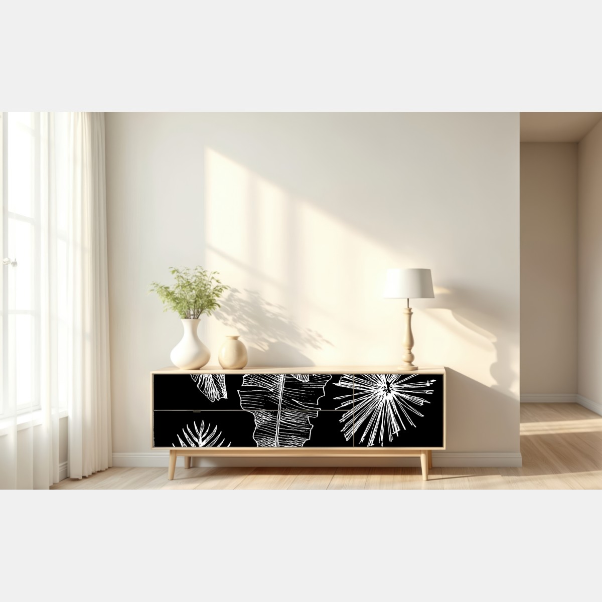 Naklejka repozycjonowalna monochromatyczna kompozycja liści – Wallissimo® Naklejka repozycjonowalna monochromatyczna kompozycja liści – Wallissimo®