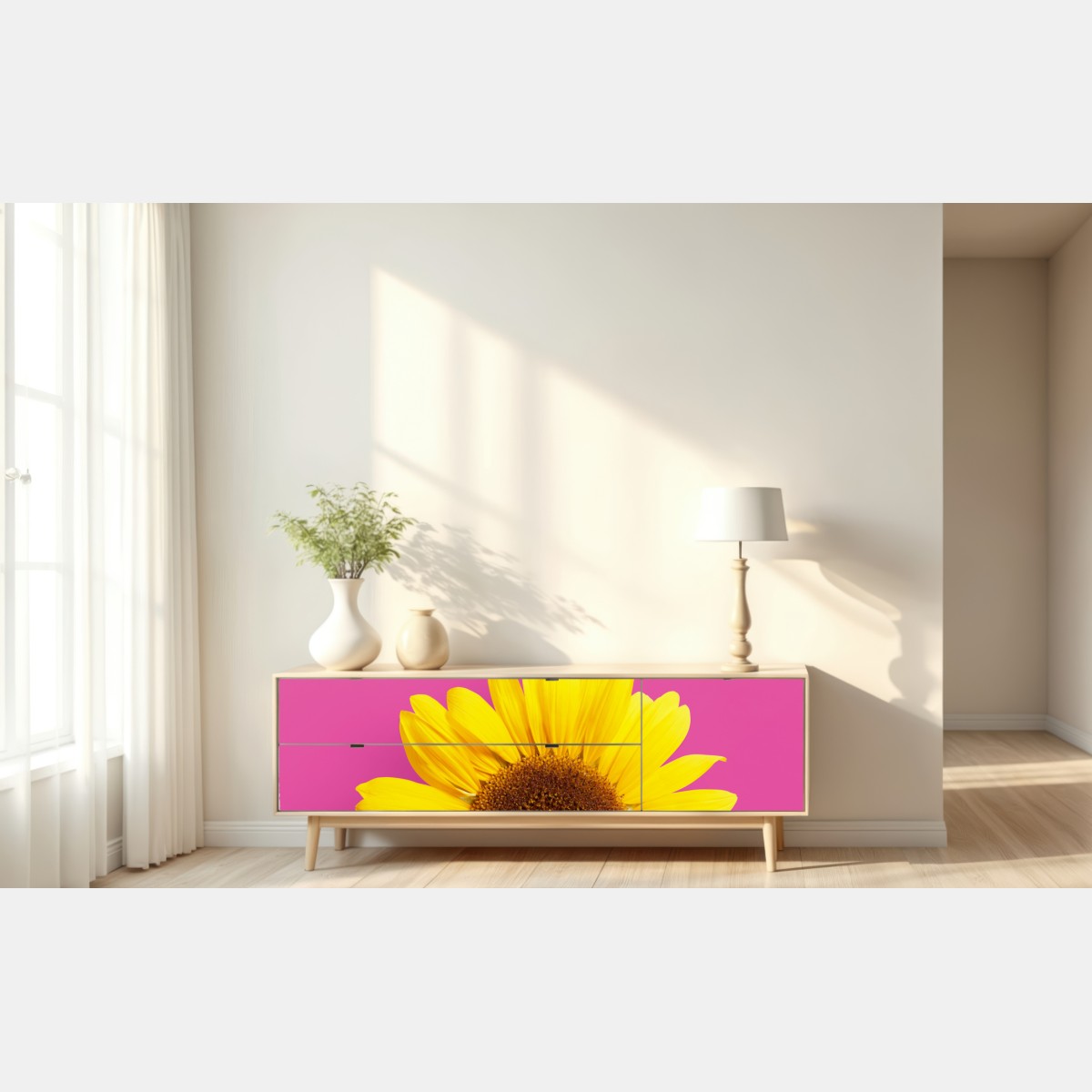 Naklejka repozycjonowalna jasny słonecznik na różowym tle – Wallissimo® Naklejka repozycjonowalna jasny słonecznik na różowym tle – Wallissimo®