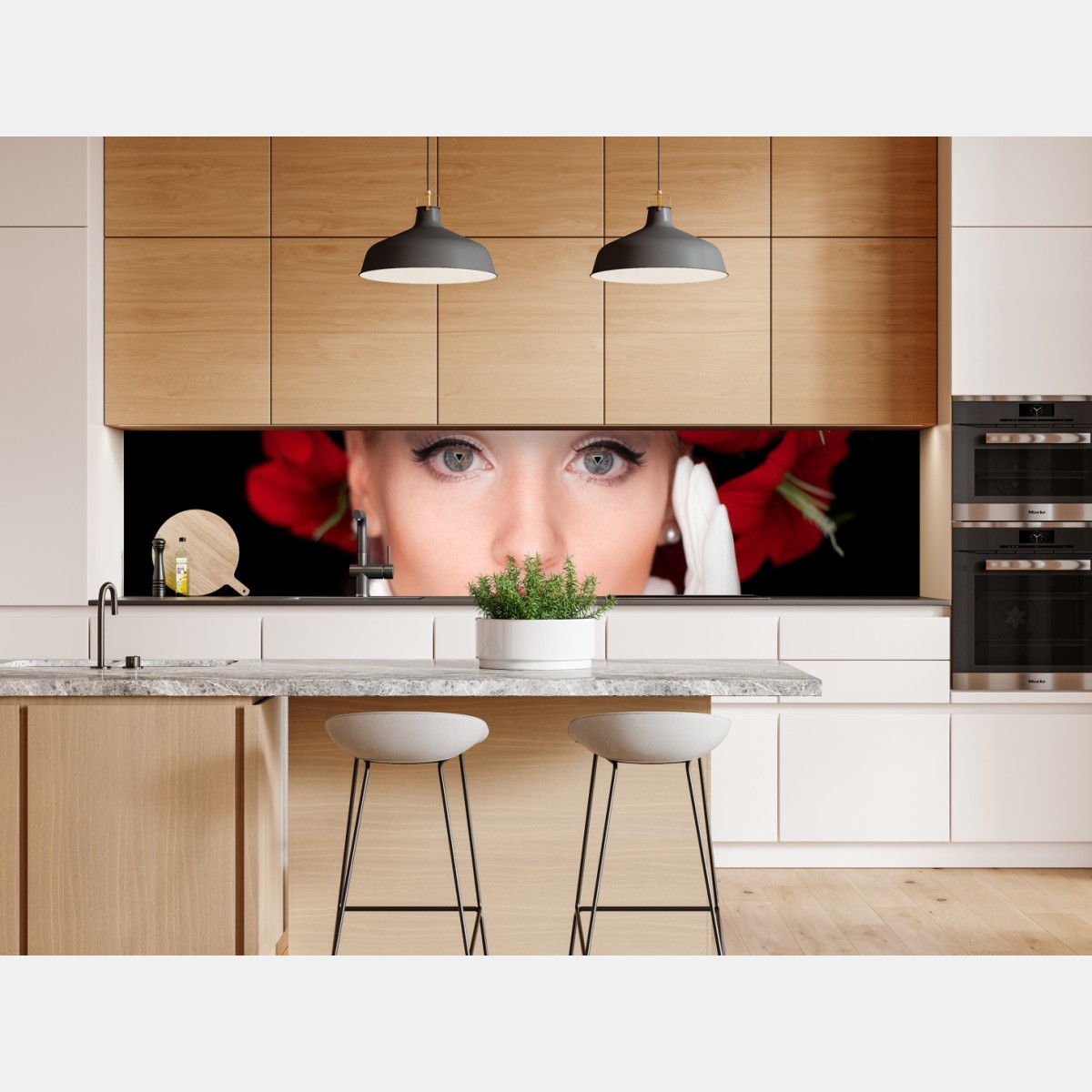 Naklejka repozycjonowalna elegancki portret z wiankiem z czerwonych kwiatów – Wallissimo® Naklejka repozycjonowalna elegancki portret z wiankiem z czerwonych kwiatów – Wallissimo®