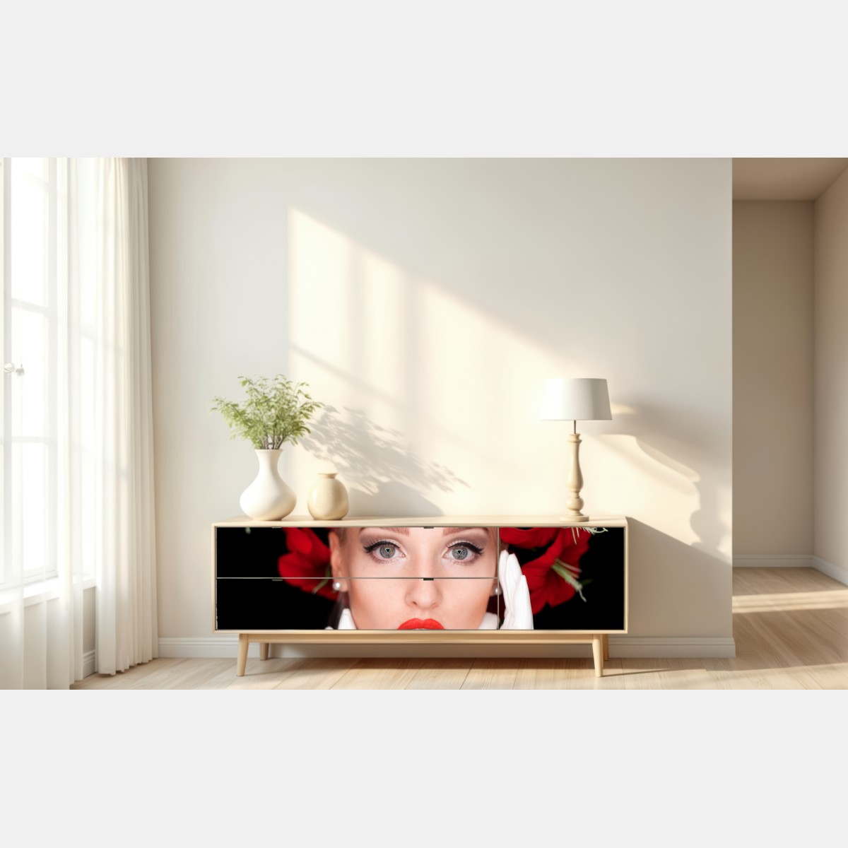 Naklejka repozycjonowalna elegancki portret z wiankiem z czerwonych kwiatów – Wallissimo® Naklejka repozycjonowalna elegancki portret z wiankiem z czerwonych kwiatów – Wallissimo®