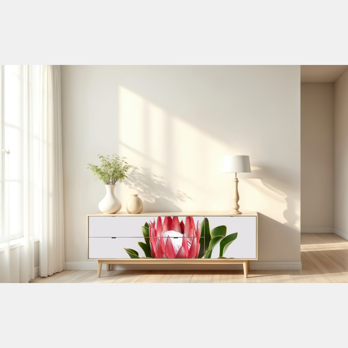 Naklejka repozycjonowalna różowa protea na neutralnym tle – Wallissimo® Naklejka repozycjonowalna różowa protea na neutralnym tle – Wallissimo®