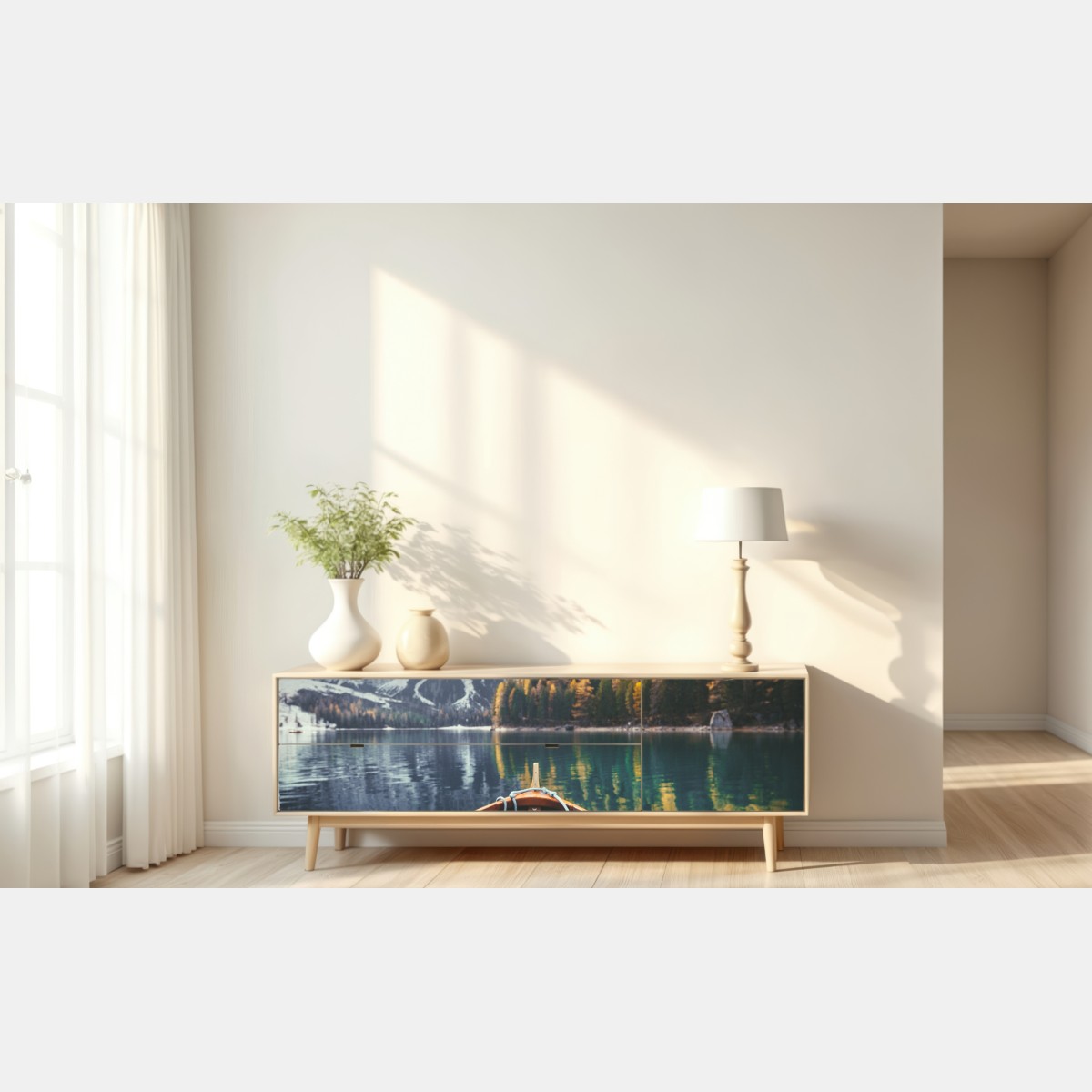 Naklejka repozycjonowalna wschód słońca nad Lago di Braies – Wallissimo® Naklejka repozycjonowalna wschód słońca nad Lago di Braies – Wallissimo®