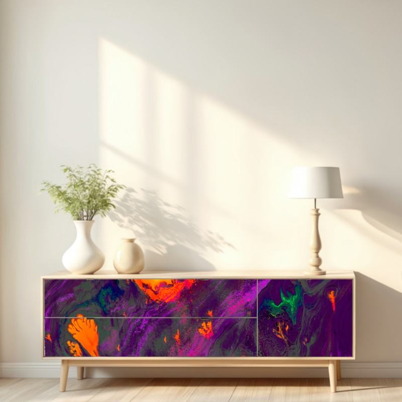 Naklejka repozycjonowalna tradycyjna ebru abstrakcja w purpurze i pomarańczy – Wallissimo® Naklejka repozycjonowalna tradycyjna ebru abstrakcja w purpurze i pomarańczy – Wallissimo®