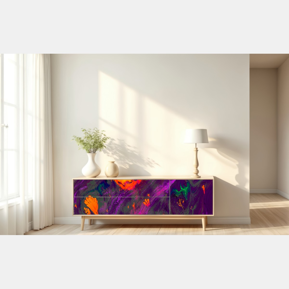 Naklejka repozycjonowalna tradycyjna ebru abstrakcja w purpurze i pomarańczy – Wallissimo® Naklejka repozycjonowalna tradycyjna ebru abstrakcja w purpurze i pomarańczy – Wallissimo®