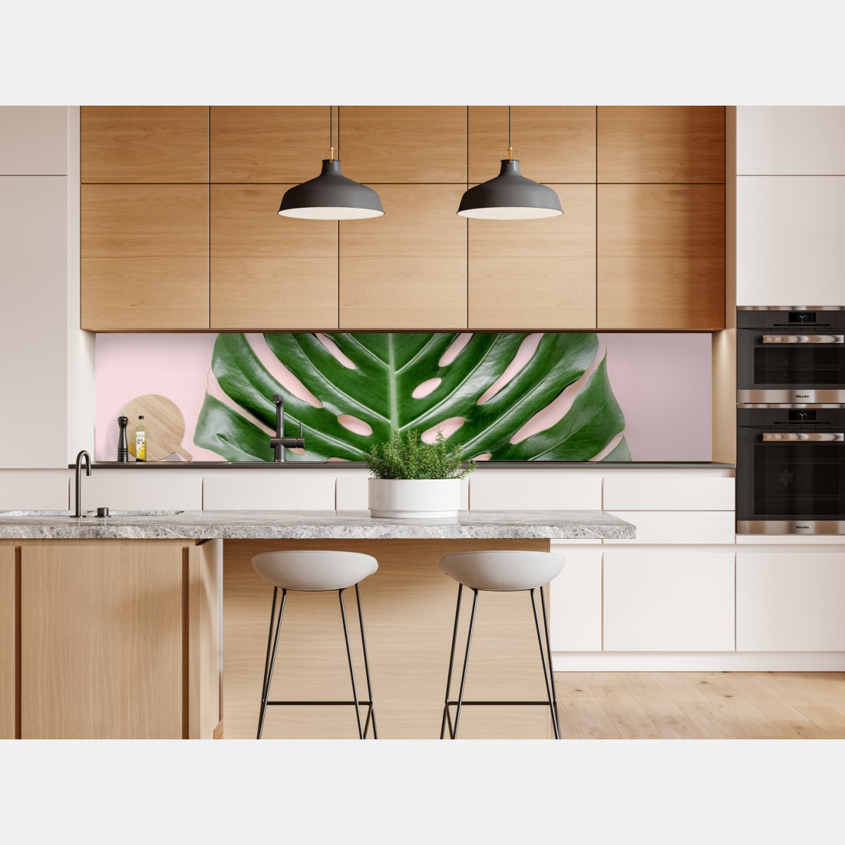 Naklejka repozycjonowalna liść monstera na pastelowym różowym tle – Wallissimo® Naklejka repozycjonowalna liść monstera na pastelowym różowym tle – Wallissimo®